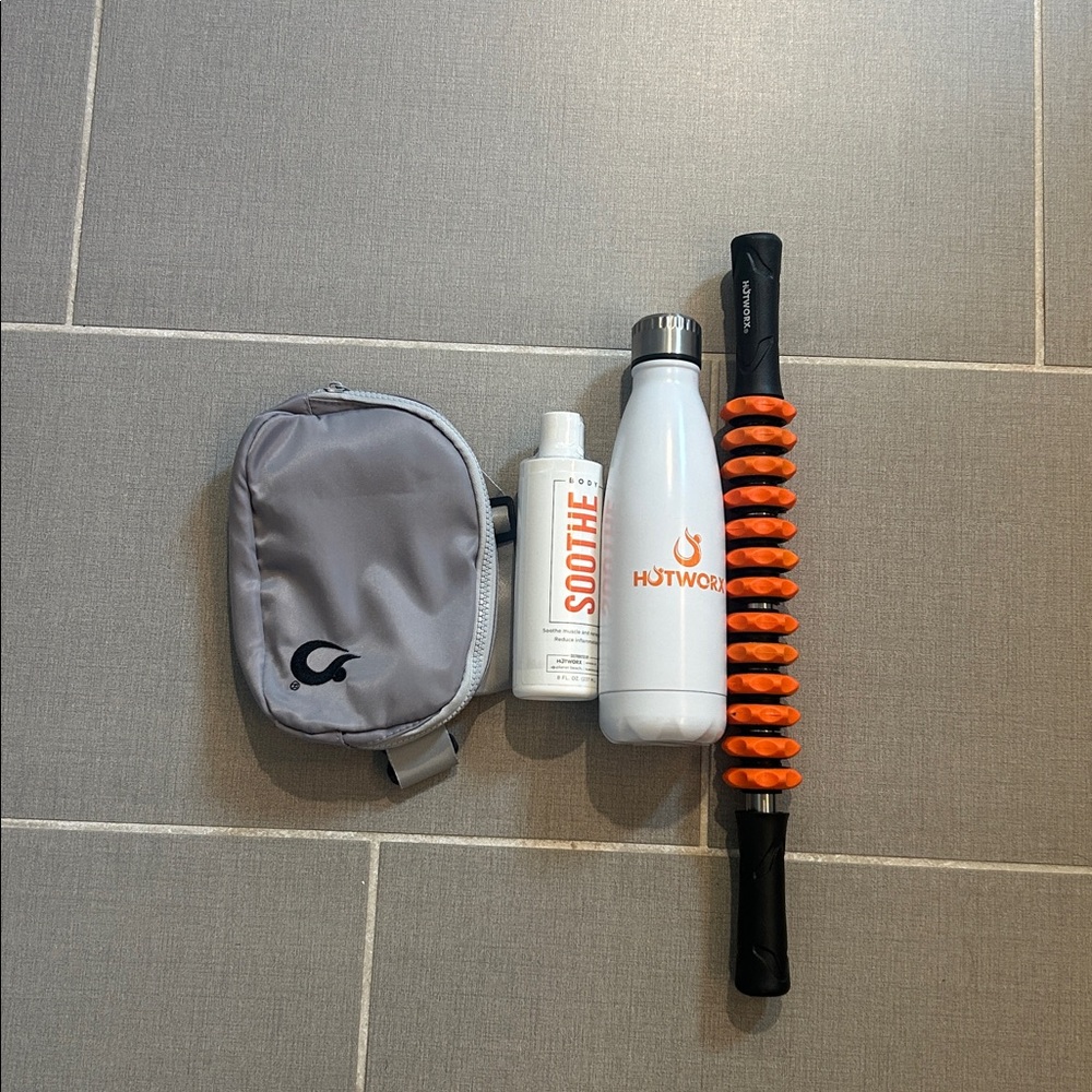 Hotworx Bottle, gray crossbody, Soothe lotion and muscle roller. NWOT